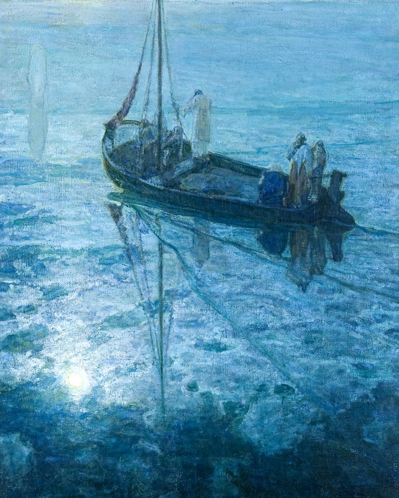 Painting of Jesus walking on the water towards a small boat on a moonlit sea