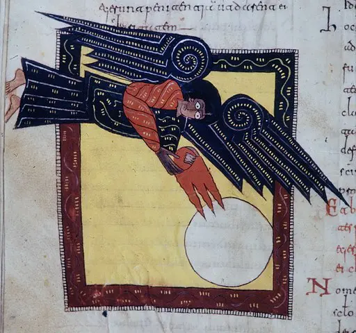 Medieval Beatus manuscript illumination of the fourth angel pouring his bowl upon the Sun