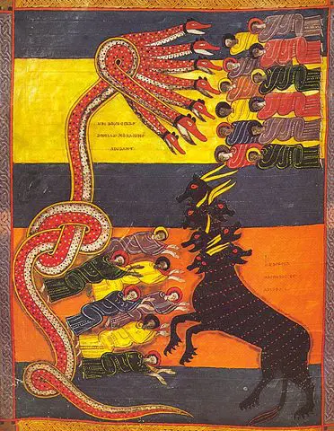 Facundus Beatus illumination of the seven-headed Dragon giving his power to the Beast